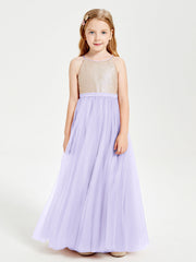 Abito Damigella Junior Lungo Top Con Paillettes Gonna In Tulle Lilla