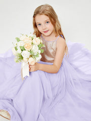 Abito Damigella Junior Lungo Top Con Paillettes Gonna In Tulle Lilla