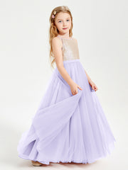 Abito Damigella Junior Lungo Top Con Paillettes Gonna In Tulle Lilla