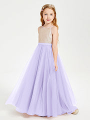 Abito Damigella Junior Lungo Top Con Paillettes Gonna In Tulle Lilla