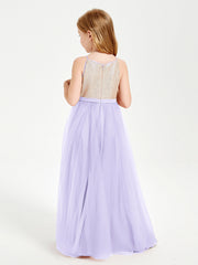 Abito Damigella Junior Lungo Top Con Paillettes Gonna In Tulle Lilla