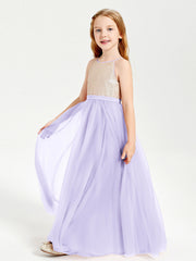 Abito Damigella Junior Lungo Top Con Paillettes Gonna In Tulle Lilla