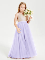 Abito Damigella Junior Lungo Top Con Paillettes Gonna In Tulle Lilla