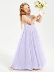 Abito Damigella Junior Lungo Top Con Paillettes Gonna In Tulle Lilla