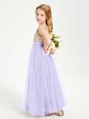 Abito Damigella Junior Lungo Top Con Paillettes Gonna In Tulle Lilla