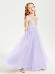 Abito Damigella Junior Lungo Top Con Paillettes Gonna In Tulle Lilla