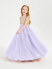 Abito Damigella Junior Lungo Top Con Paillettes Gonna In Tulle Lilla