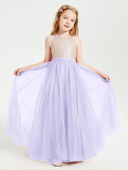 Abito Damigella Junior Lungo Top Con Paillettes Gonna In Tulle Lilla