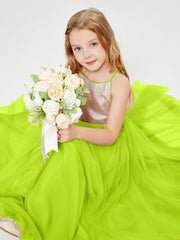Abito Damigella Junior Lungo Top Con Paillettes Gonna In Tulle Verde Lime