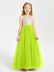 Abito Damigella Junior Lungo Top Con Paillettes Gonna In Tulle Verde Lime