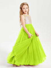 Abito Damigella Junior Lungo Top Con Paillettes Gonna In Tulle Verde Lime
