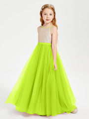 Abito Damigella Junior Lungo Top Con Paillettes Gonna In Tulle Verde Lime