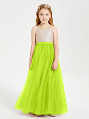 Abito Damigella Junior Lungo Top Con Paillettes Gonna In Tulle Verde Lime
