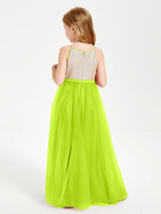 Abito Damigella Junior Lungo Top Con Paillettes Gonna In Tulle Verde Lime