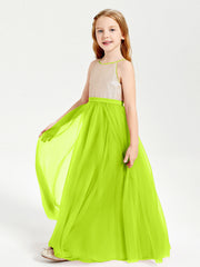 Abito Damigella Junior Lungo Top Con Paillettes Gonna In Tulle Verde Lime