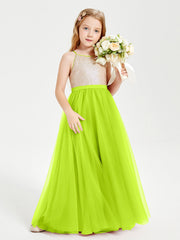 Abito Damigella Junior Lungo Top Con Paillettes Gonna In Tulle Verde Lime