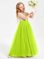 Abito Damigella Junior Lungo Top Con Paillettes Gonna In Tulle Verde Lime