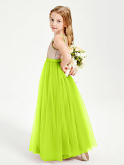 Abito Damigella Junior Lungo Top Con Paillettes Gonna In Tulle Verde Lime