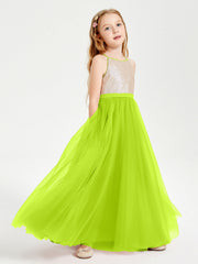 Abito Damigella Junior Lungo Top Con Paillettes Gonna In Tulle Verde Lime