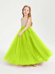 Abito Damigella Junior Lungo Top Con Paillettes Gonna In Tulle Verde Lime
