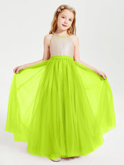 Abito Damigella Junior Lungo Top Con Paillettes Gonna In Tulle Verde Lime
