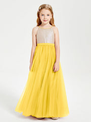 Abito Damigella Junior Lungo Top Con Paillettes Gonna In Tulle Calendula