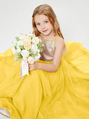 Abito Damigella Junior Lungo Top Con Paillettes Gonna In Tulle Calendula