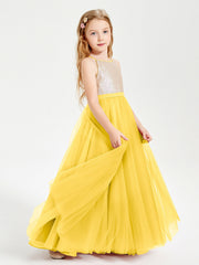 Abito Damigella Junior Lungo Top Con Paillettes Gonna In Tulle Calendula