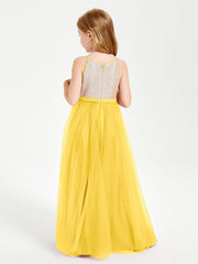 Abito Damigella Junior Lungo Top Con Paillettes Gonna In Tulle Calendula