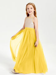 Abito Damigella Junior Lungo Top Con Paillettes Gonna In Tulle Calendula
