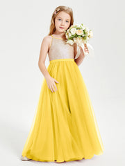 Abito Damigella Junior Lungo Top Con Paillettes Gonna In Tulle Calendula