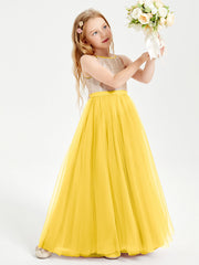 Abito Damigella Junior Lungo Top Con Paillettes Gonna In Tulle Calendula