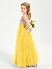 Abito Damigella Junior Lungo Top Con Paillettes Gonna In Tulle Calendula