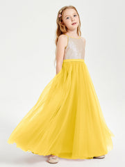 Abito Damigella Junior Lungo Top Con Paillettes Gonna In Tulle Calendula