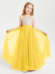 Abito Damigella Junior Lungo Top Con Paillettes Gonna In Tulle Calendula