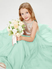 Abito Damigella Junior Lungo Top Con Paillettes Gonna In Tulle Verde Menta