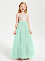 Abito Damigella Junior Lungo Top Con Paillettes Gonna In Tulle Verde Menta