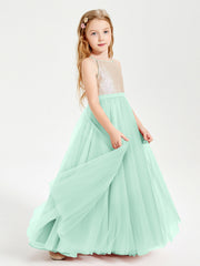 Abito Damigella Junior Lungo Top Con Paillettes Gonna In Tulle Verde Menta
