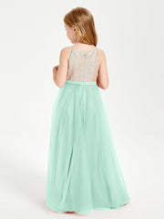Abito Damigella Junior Lungo Top Con Paillettes Gonna In Tulle Verde Menta