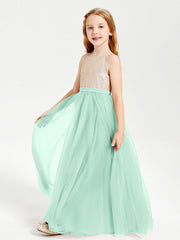 Abito Damigella Junior Lungo Top Con Paillettes Gonna In Tulle Verde Menta
