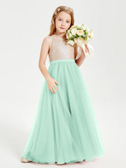 Abito Damigella Junior Lungo Top Con Paillettes Gonna In Tulle Verde Menta