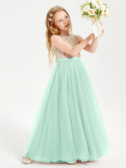 Abito Damigella Junior Lungo Top Con Paillettes Gonna In Tulle Verde Menta