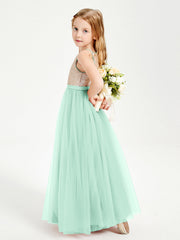 Abito Damigella Junior Lungo Top Con Paillettes Gonna In Tulle Verde Menta