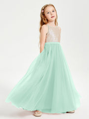 Abito Damigella Junior Lungo Top Con Paillettes Gonna In Tulle Verde Menta
