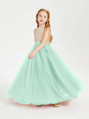 Abito Damigella Junior Lungo Top Con Paillettes Gonna In Tulle Verde Menta