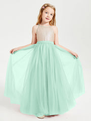 Abito Damigella Junior Lungo Top Con Paillettes Gonna In Tulle Verde Menta