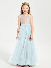 Abito Damigella Junior Lungo Top Con Paillettes Gonna In Tulle Nebbia