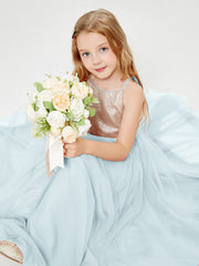Abito Damigella Junior Lungo Top Con Paillettes Gonna In Tulle Nebbia