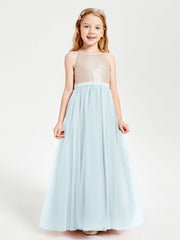 Abito Damigella Junior Lungo Top Con Paillettes Gonna In Tulle Nebbia