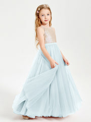 Abito Damigella Junior Lungo Top Con Paillettes Gonna In Tulle Nebbia